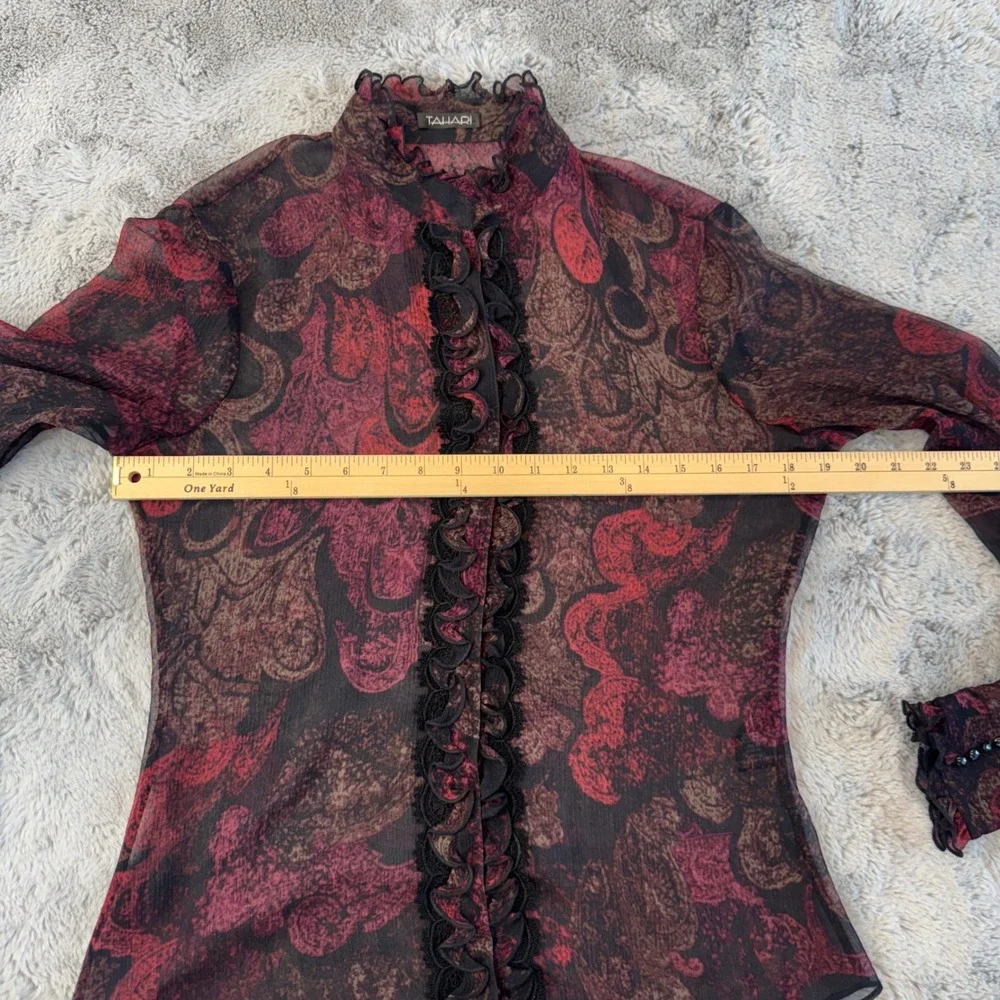 Tahari Women's Sz M Silk Sheer Ruffle Blouse Burgundy Black Victorian Gothic - Picture 9 of 16